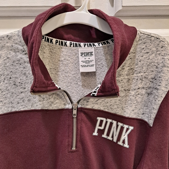 PINK Victoria's Secret Maroon & Gray Qtr Zip-Up Sweatshirt W/Kangaroo Pocket - Picture 2 of 8